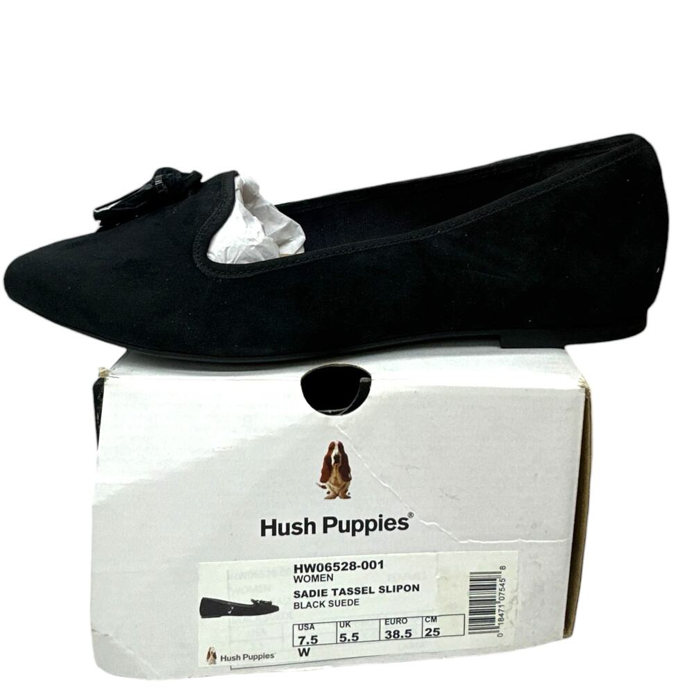 Hush Puppies Black Suede Sadie Tassel Pointed Toe Loafers  Women's 7.5 Wide